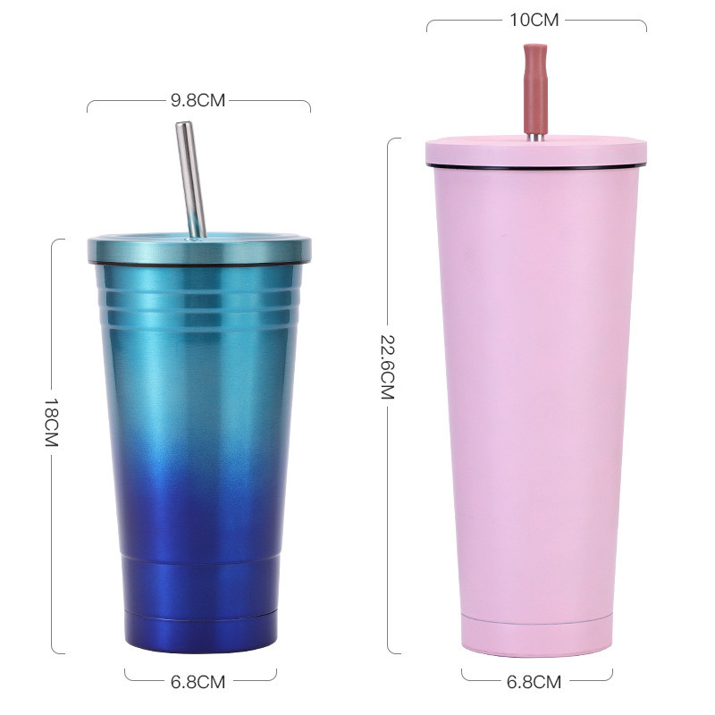 24oz Large Reusable Eco-Friendly Tumbler With Wide Soft Tip Metal Straw , Leak-Proof Lid - Perfect For Boba , Smoothies , Iced Coffee , Hot Or Cold