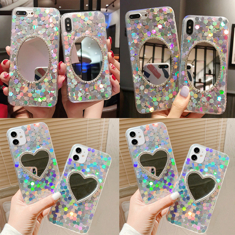 Rehinestone Electroplated Designer Makeup Phone Case With Mirror