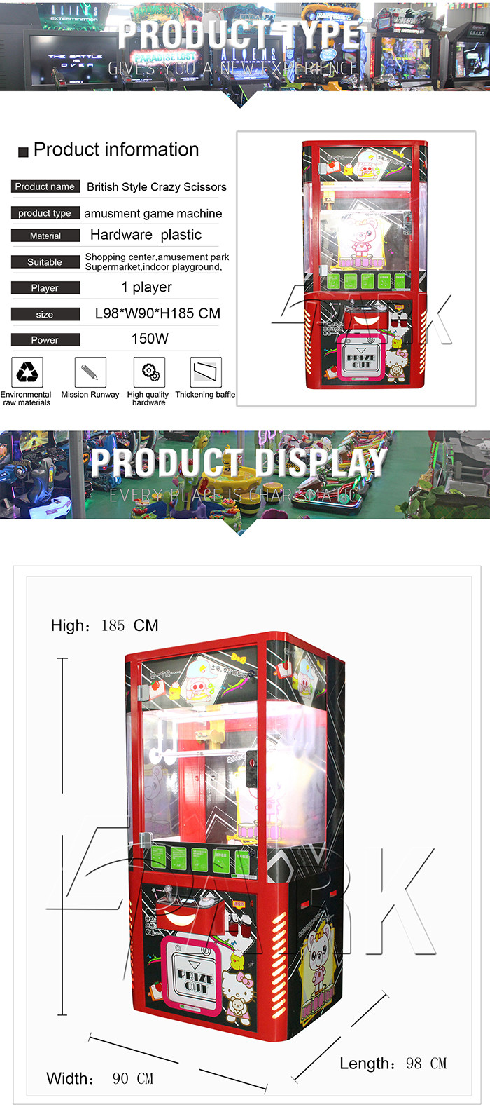 Cut U Prize Crane Game Vending Machine Scissors Crane L98*W90*H185CM