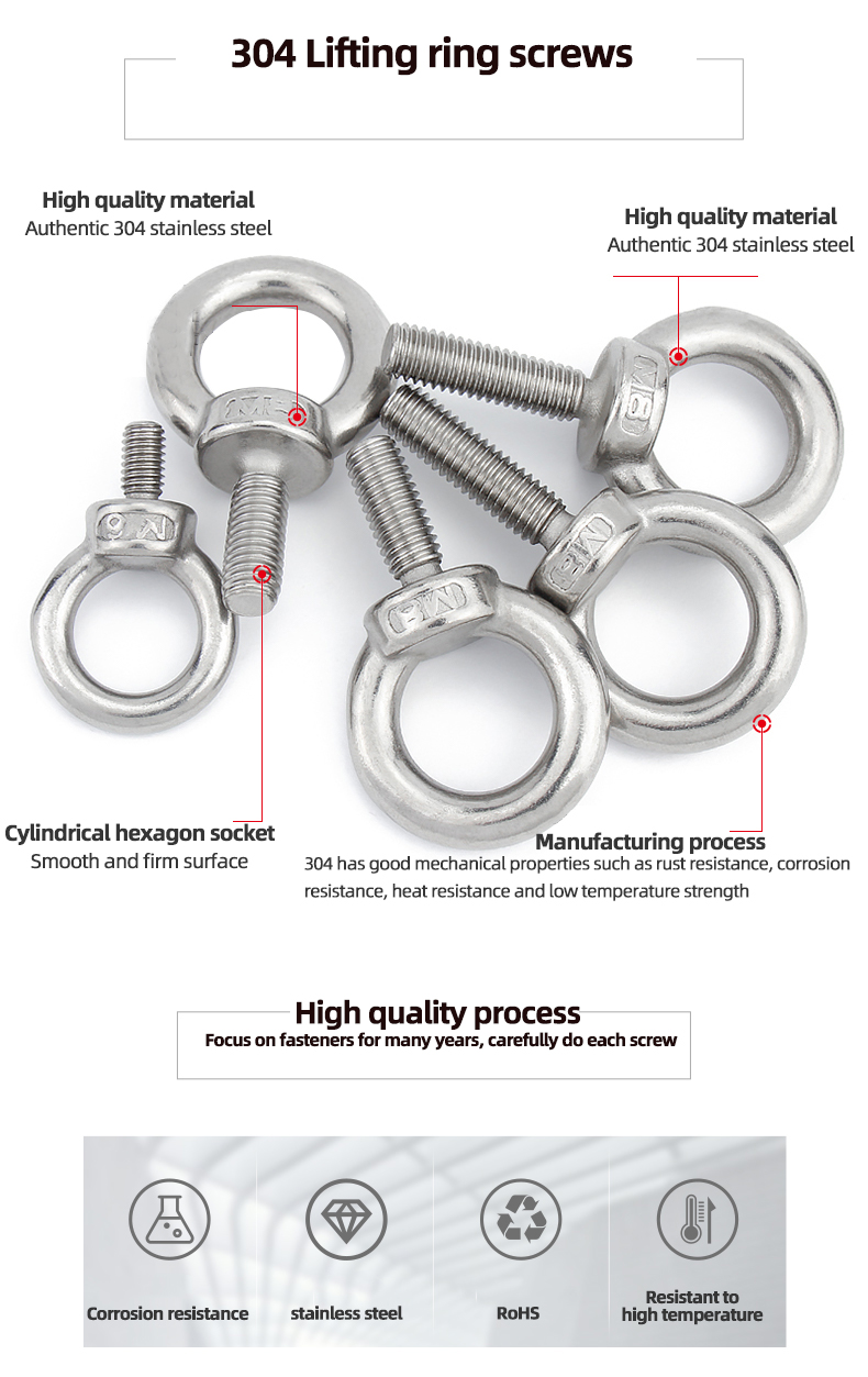 Round Head Eye Bolts Din580 Stainless Steel AISI 304 / 316 M6 M8 M10 Lifting Eye Bolt