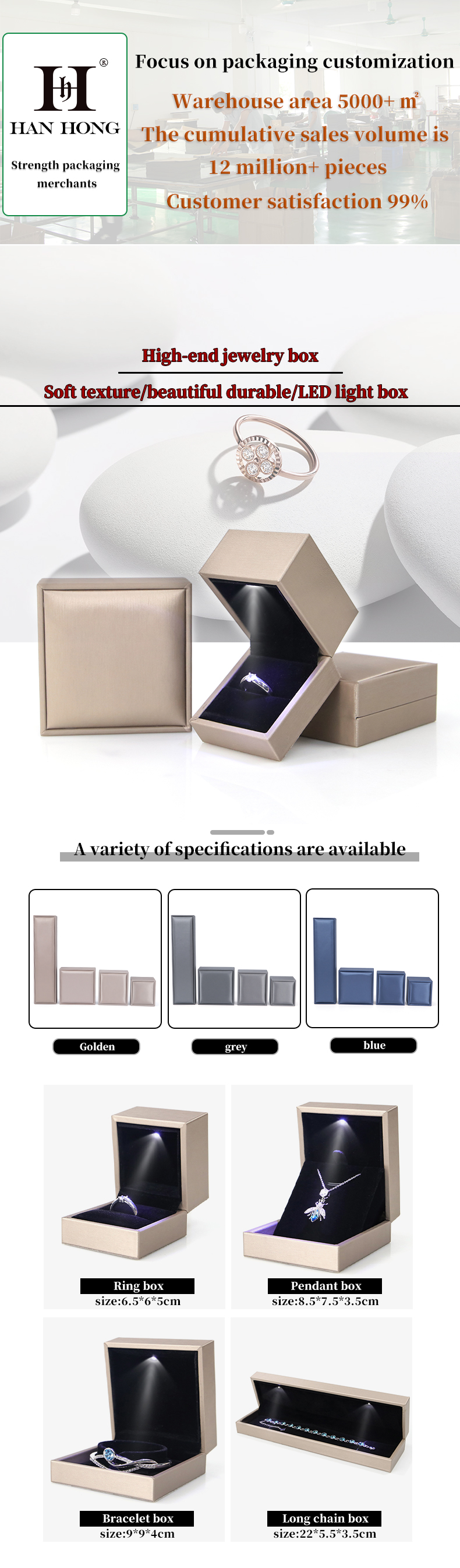 Blue LED Jewelry Box for Luxury Packaging of Earrings Bracelets Necklaces Rings