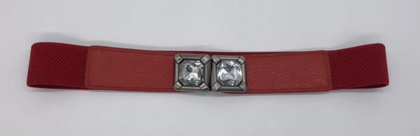 Red Color Women'S Elastic Stretch Belts With Square Crystal Rhinetone Buckle