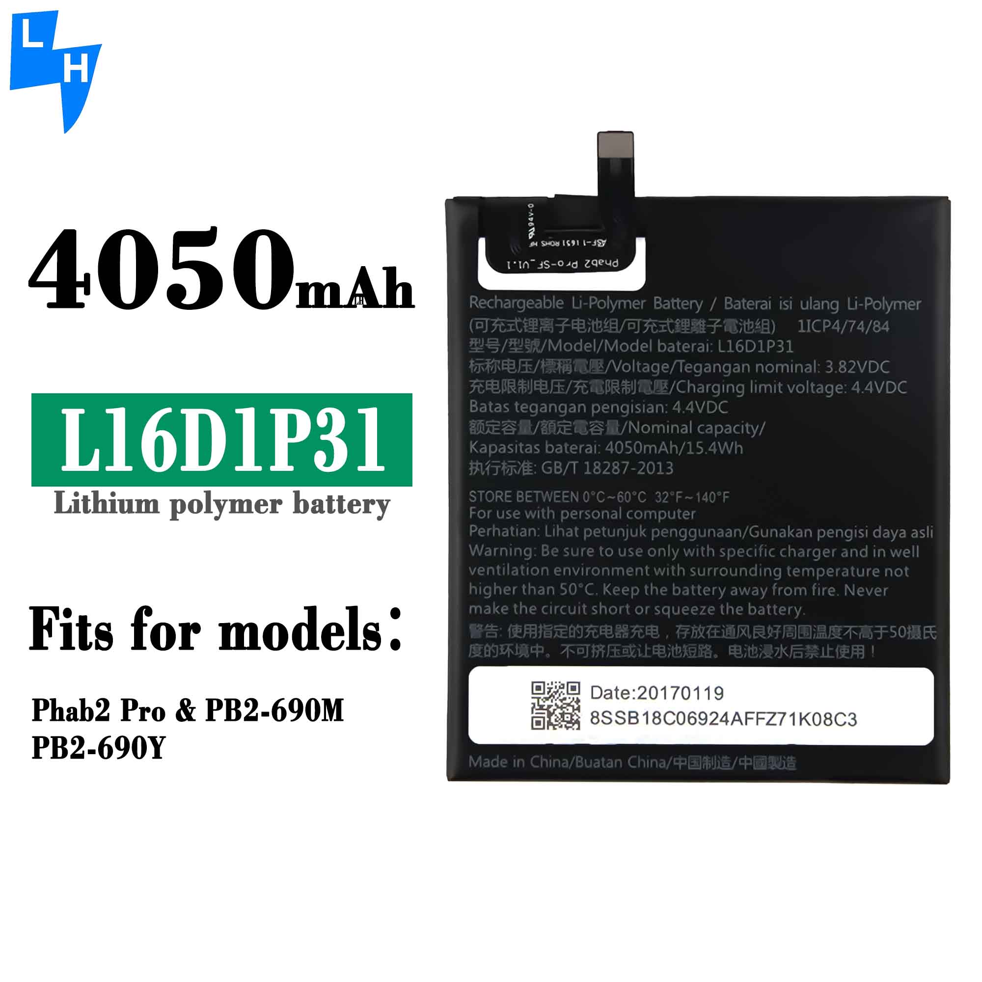 Powerful L16D1P31 Battery for Lenovo Phab2 Pro PB2-690M PB2-690Y Mobile Phone Coding