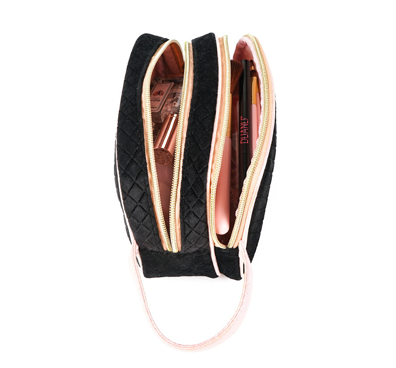 Double Zipper Velvet Cosmetic Makeup Bag With Handle