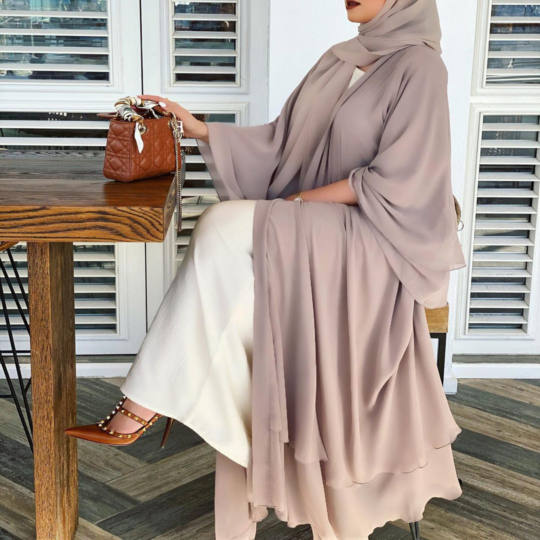 Solid Color Cardigan Soft Elegant Big Size Muslim Long Skirt Chiffon Clothes