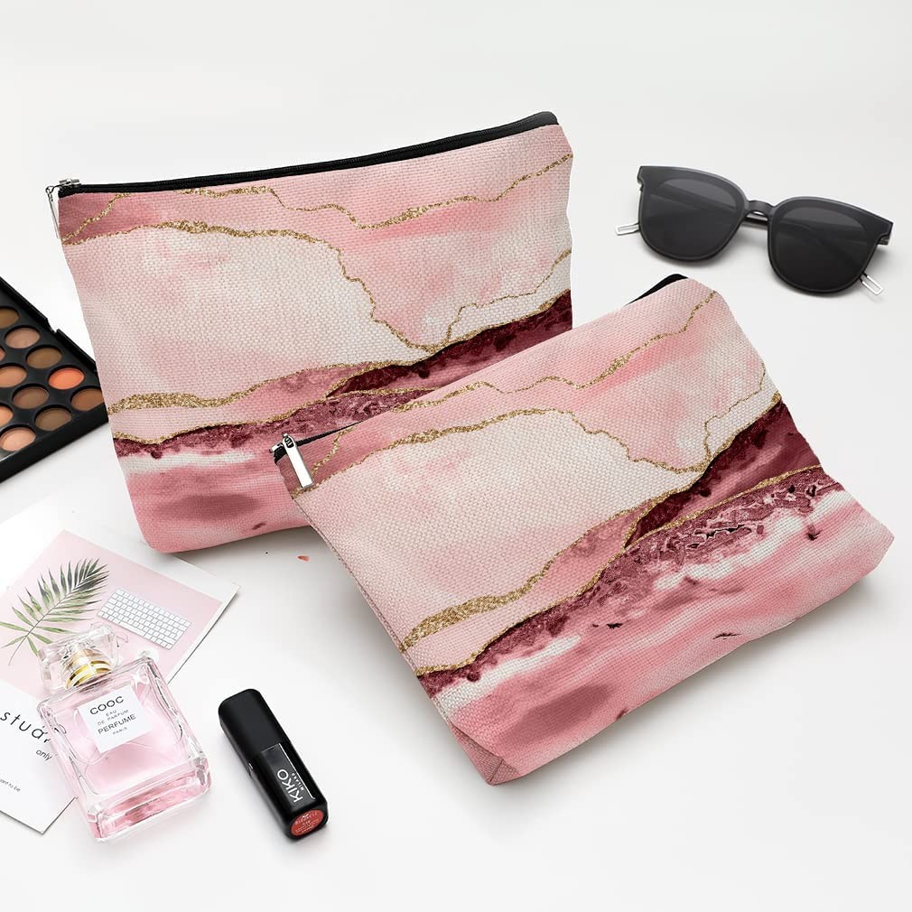 Cute Makeup Bag Canvas Waterproof Funny Cosmetic Bags for Women Zipper Travel Toiletry Pouch-Pink Marble Makeu