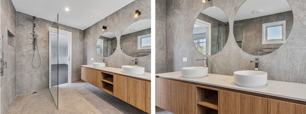 Customized Color Double Sink Design Slate Countertop Bathroom Cabinets and Vanities