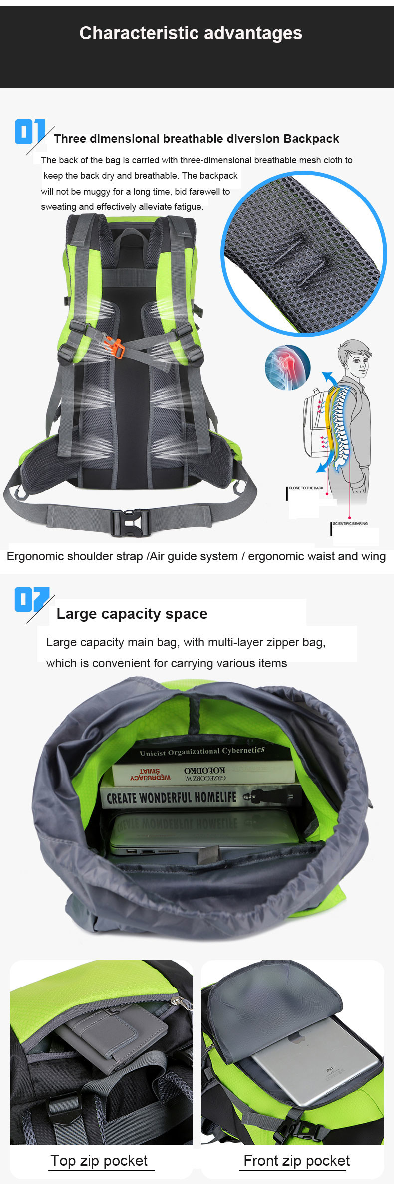 64cm Green Waterproof Hiking Backpack Women'S Lightweight Travel Backpack 40L
