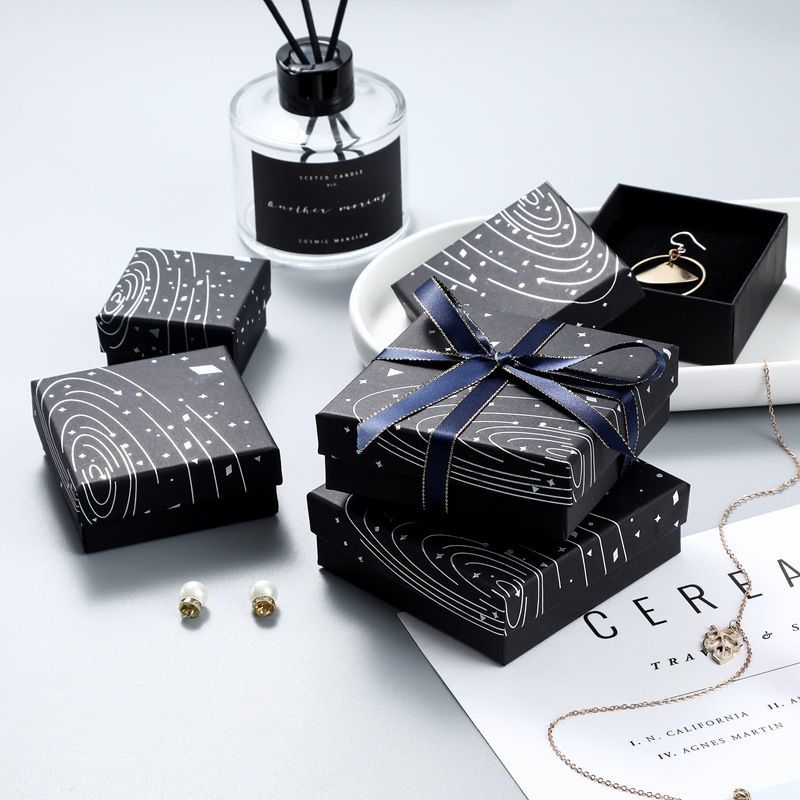 Custom Luxury Black Jewelry Packaging Paper Necklace Ring Earring Boxes Lid and Base Jewellery Set Case Cardboard Gift Box with Foam Insert