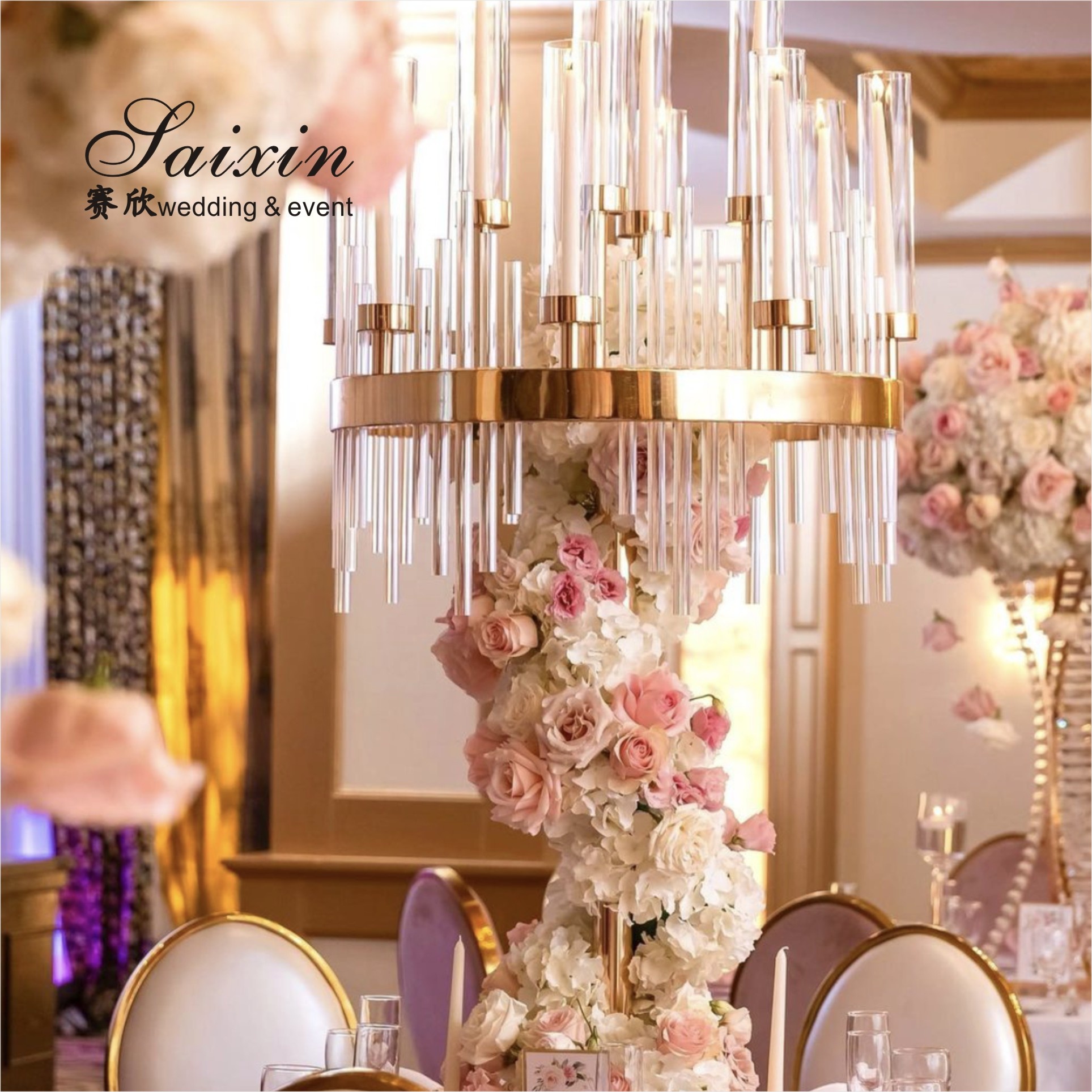 ZT-435 Beautiful large candelabra gold crystal candle holder for wedding table decoration