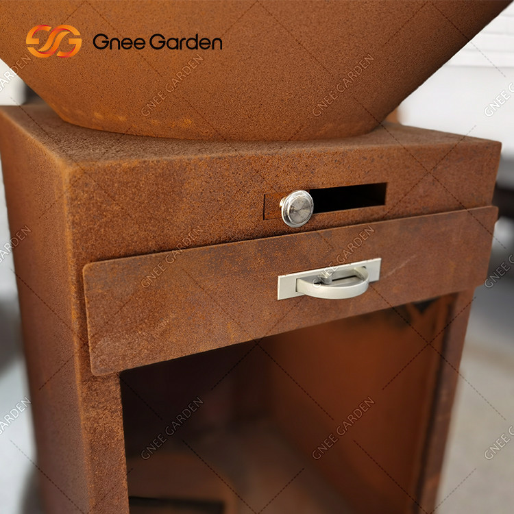 Outdoor BBQ Customized Corten Steel Fire Pit With Firewood Storage Backyard Rusty Colour