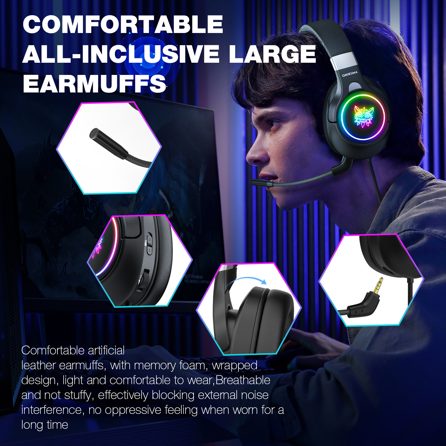 Ergonomic Inline Controller PC Gaming Headset Onkuma K15 Pro DC5V