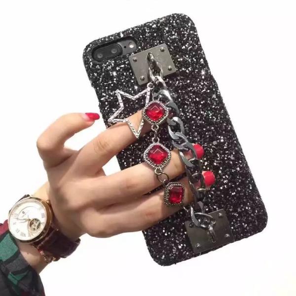 Black Noble Flash Metal Buckle Gemstone Chain Star Strap Cell Phone Case Cover