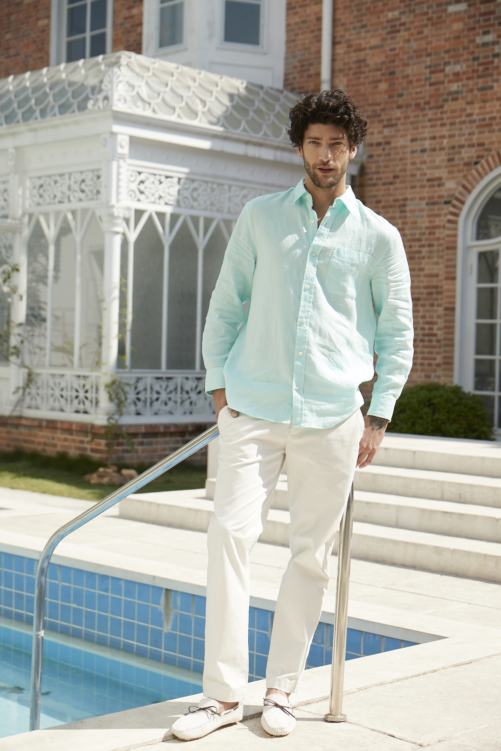 Water Green Long Dress Business Linen Men'S Pajamas