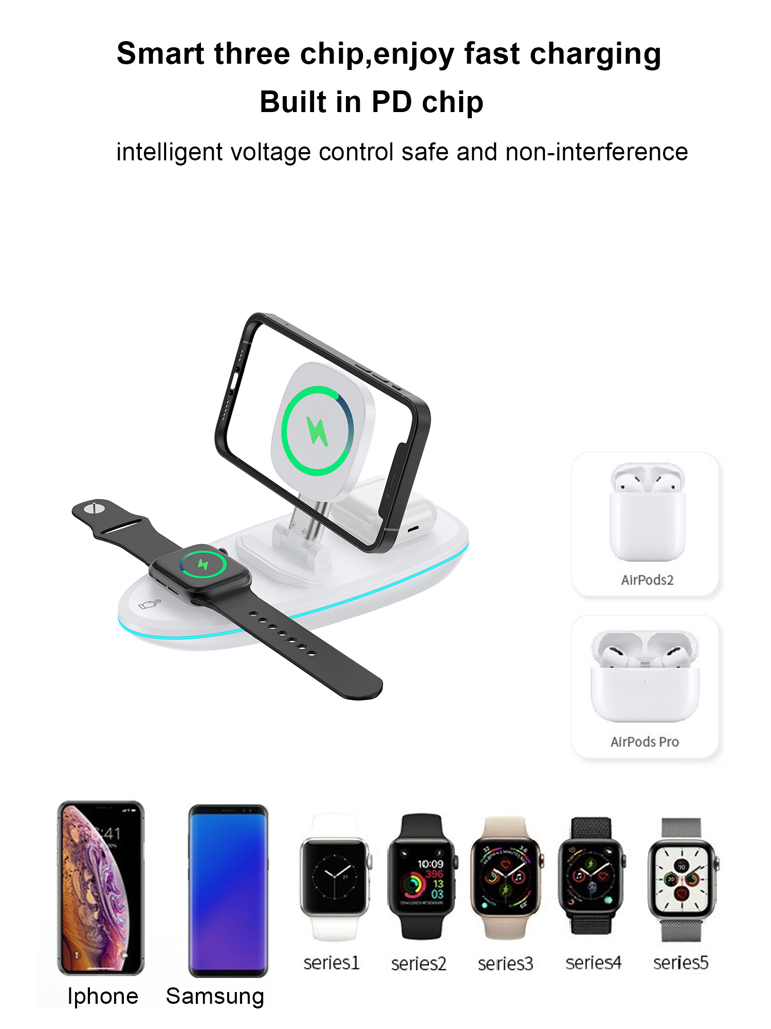 Portable 15W Wireless Charger Station Fast Magnetic Charging For IPhone Multifunction