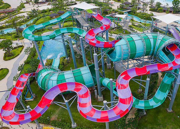 Large Water Park Slide Equipment , Boomerang Water Slide Fiberglass Material