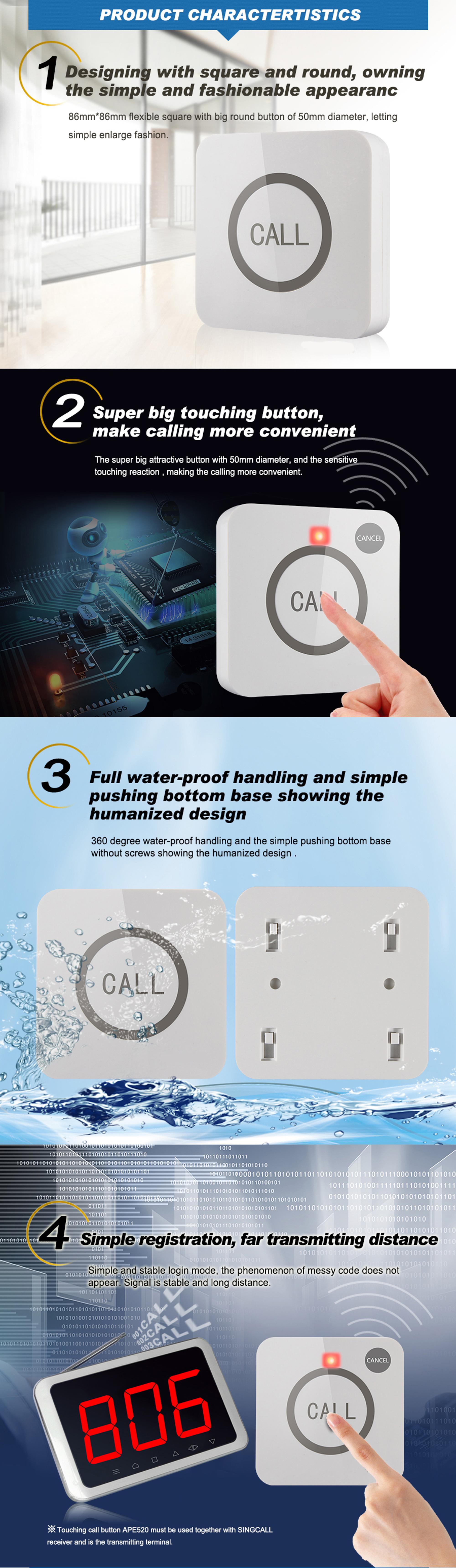 New design white customize logo wireless pager system full waterproof touch call button