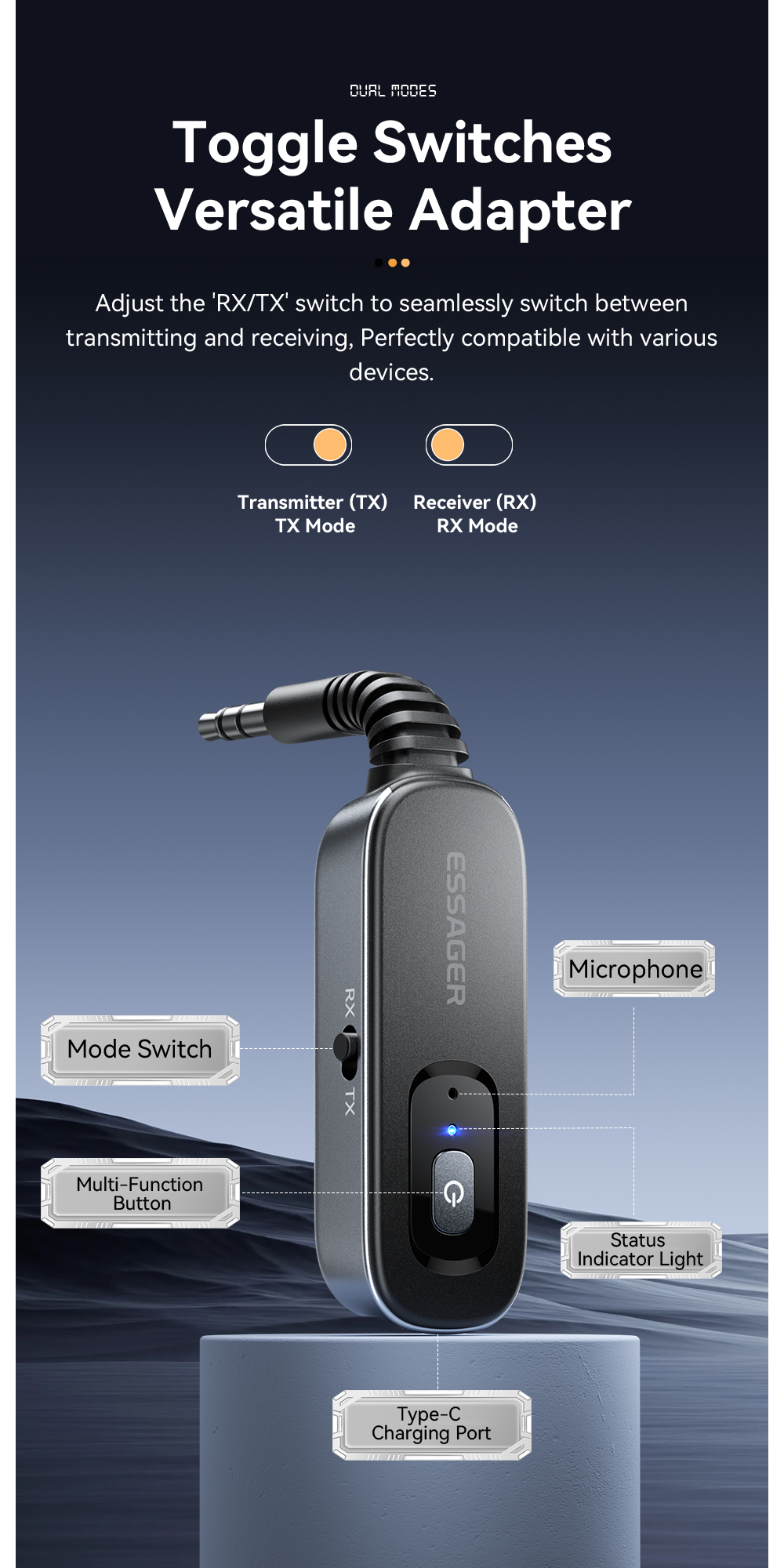ESSAGER ES-BT10 Built in Battery Jack Aux 3.5mm to Bluetooth Transmitter Receiver