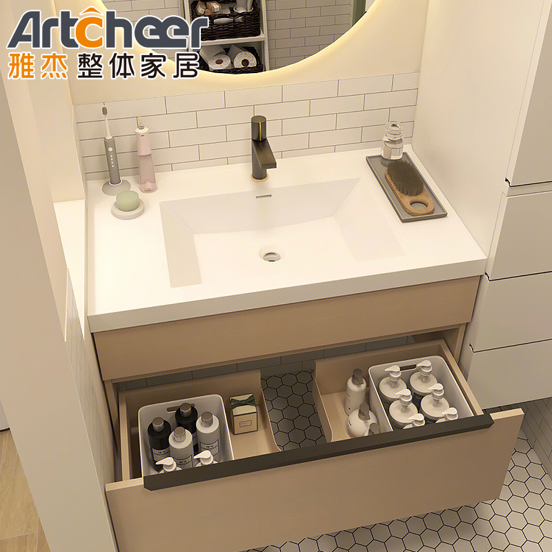 NO Faucet Included Luxury Hotel Center Bathroom Mirror Cabinet with Double Sink Basin