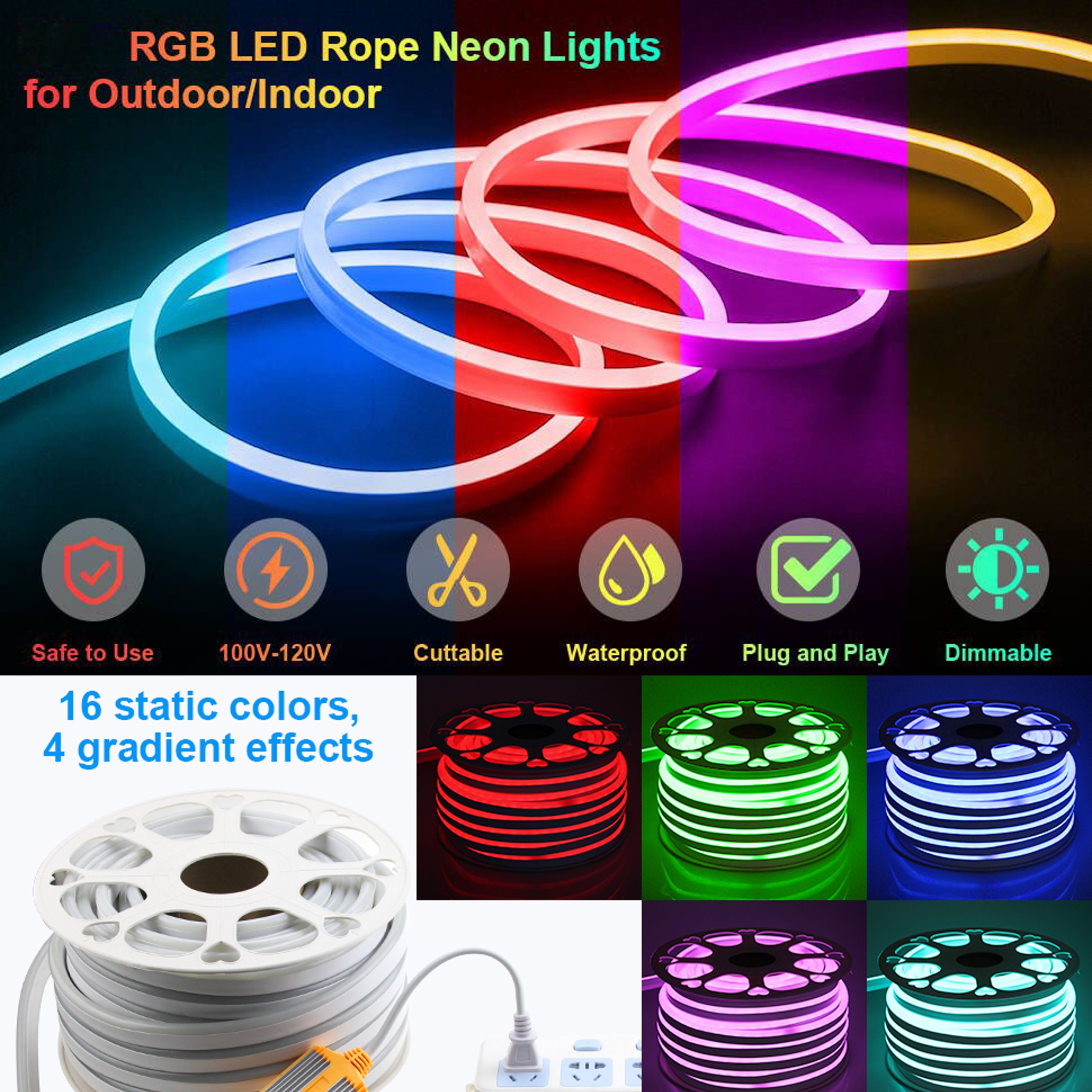 120LEDs Neon Rope Lights Dimmable 110V 220V Cuttable Remote Control Strip Light