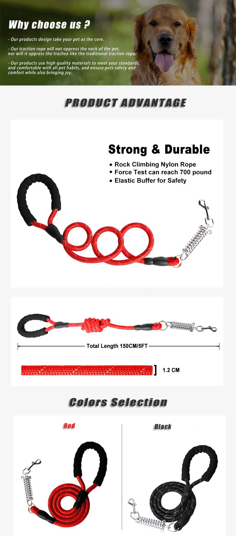 Large Mountain Climbing Running Tracking Reflective Soft Handle Nylon Rope Pet Dog Leash
