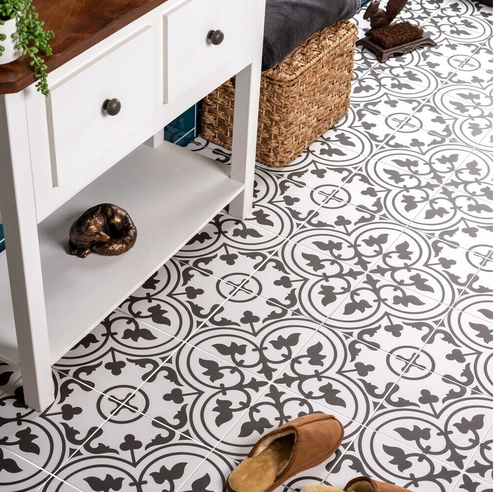 White And Black 20x20cm Eco-Friendly Indoor Wall Floral Ceramic Rustic Tile For Living Room And Balcony