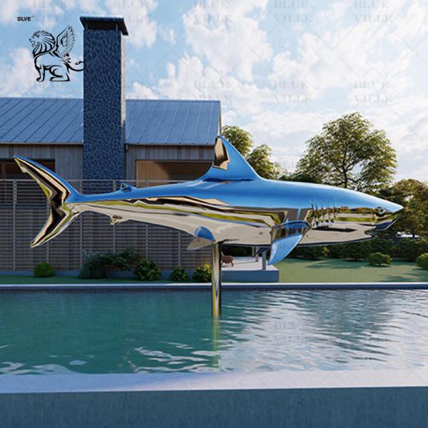 Stainless Steel Shark Sculpture Mirror Polished Fish Metal Animal Swimming Pool