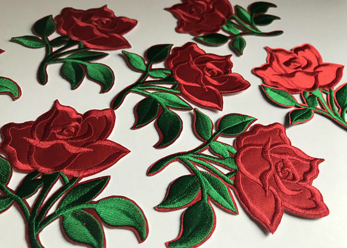 Flower Embroidered Iron On Appliques , Large Red Rose Floral Patches For Clothes