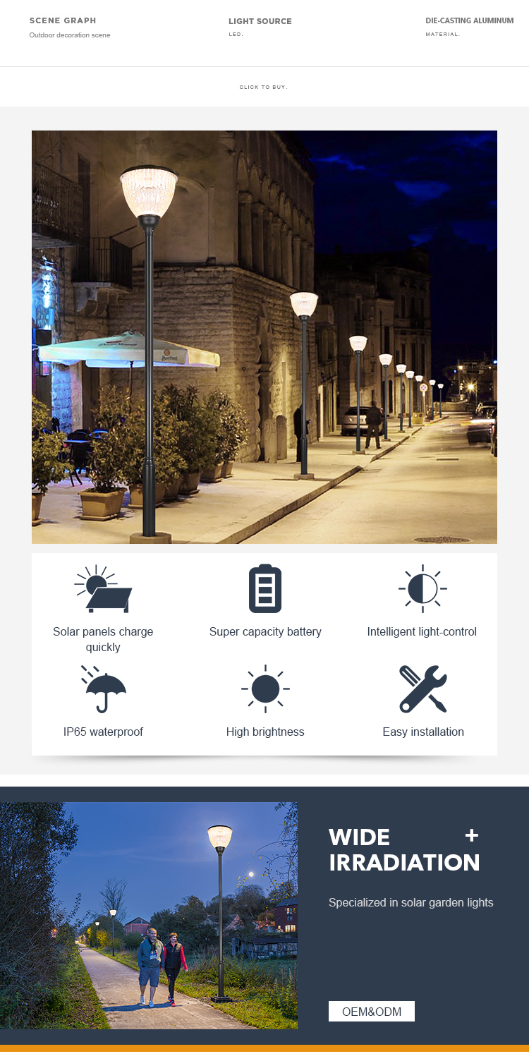 IP65 No Wiring LED Solar Garden Lamp With Battery 3.2/26000mAh, Courtyard Decorative Solar Street Lights