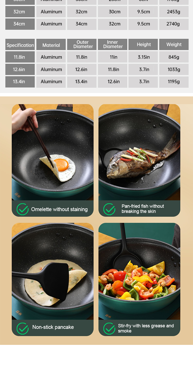 30 / 32 / 34Cm Kitchen Cookware Aluminum Non Stick Wok Pan With Lid