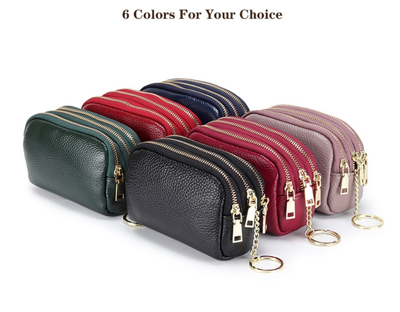 Genuine Leather Purse Three Zip Coin Bag Multi-function Key Bag Wallet Ideal for Daily