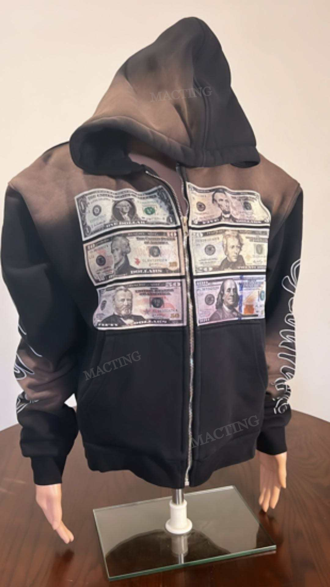 Unisex Distressed Hoodie with Sun Faded Look and Zip Up Closure in Acid Washed Finish