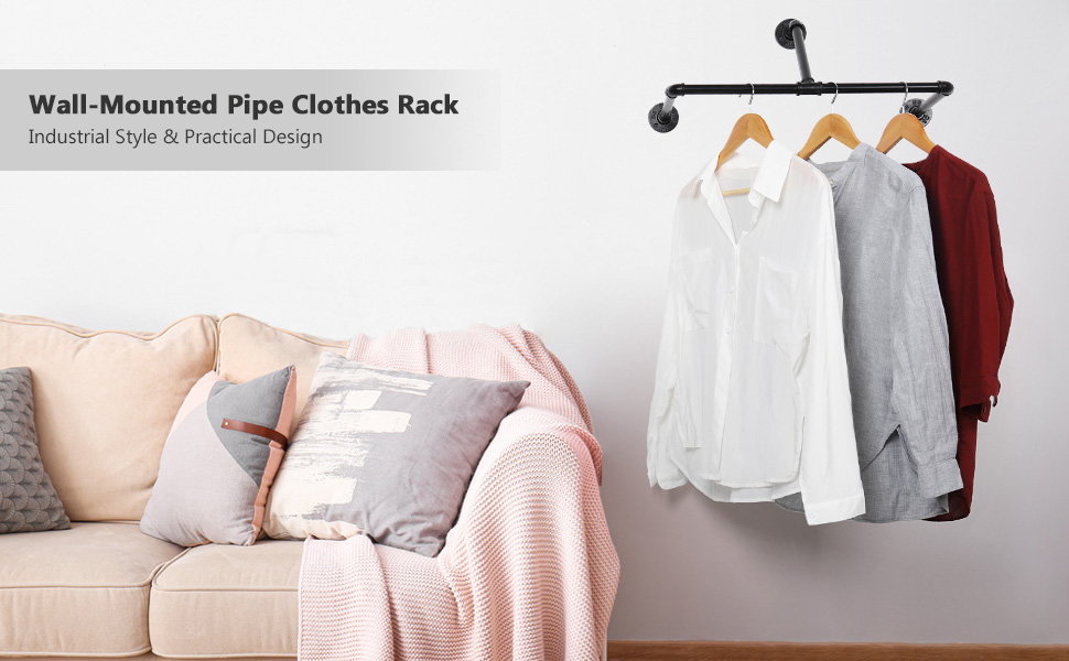 Wall Mounted Pipe Clothing Rack 20-Inch Industrial T-Bar Metal Hanging Clothes Holder