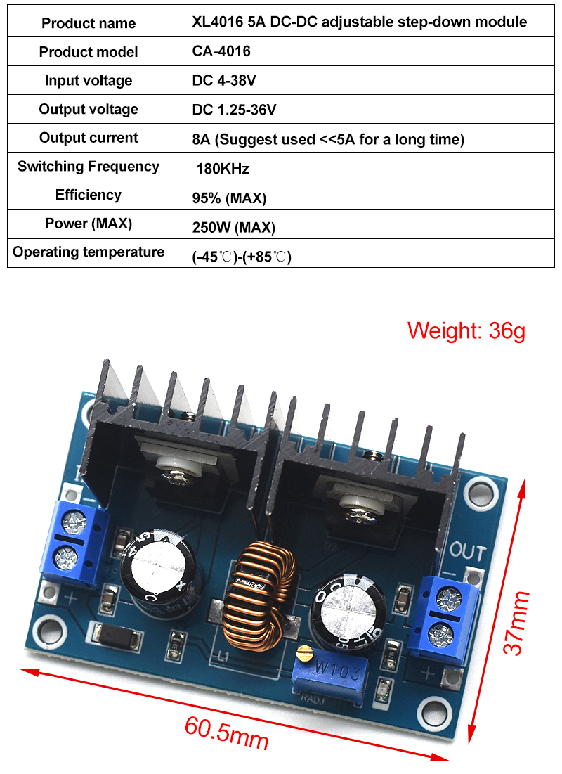 CA-4016 8A 200W Board Mount DC-DC Converter XL4016 4-40V to 1.25-36V PWM Adjustable Step-Down Module 200W 8A Converter