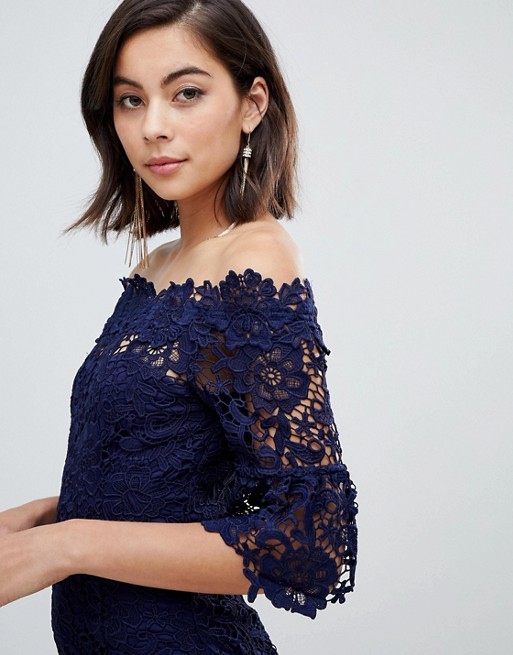 custom make off shoulder frill sleeve navy crochet dress