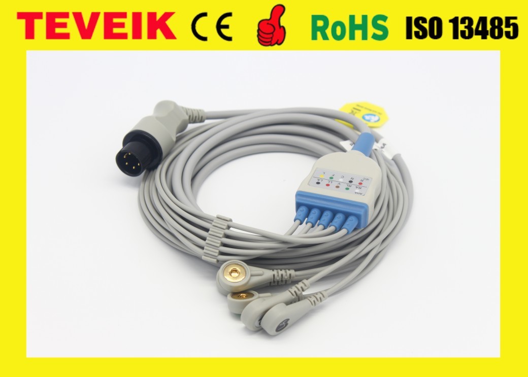 Round 6 Pin One piece 5 leads ECG cable with snap for mindray, medical ecg cable