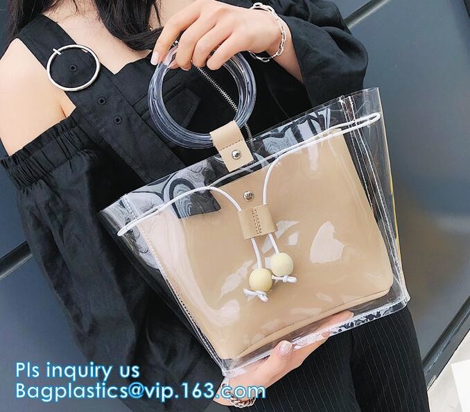 reusable eco friendly tote transparent pvc shopping bag, shopping cluth PVC beach bag with zipper, eco-freindly Promotio