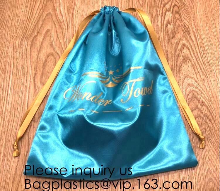 Gold Blue White Satin Packaging Bag For Towel,White Satin Bag With Gold Printing,Silk Packaging Bags For Clothing Indust