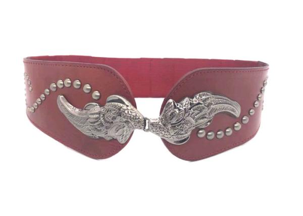 Vintage Stretch Wide Waist Belt Red Color Metal Wing Buckle / Women Dress