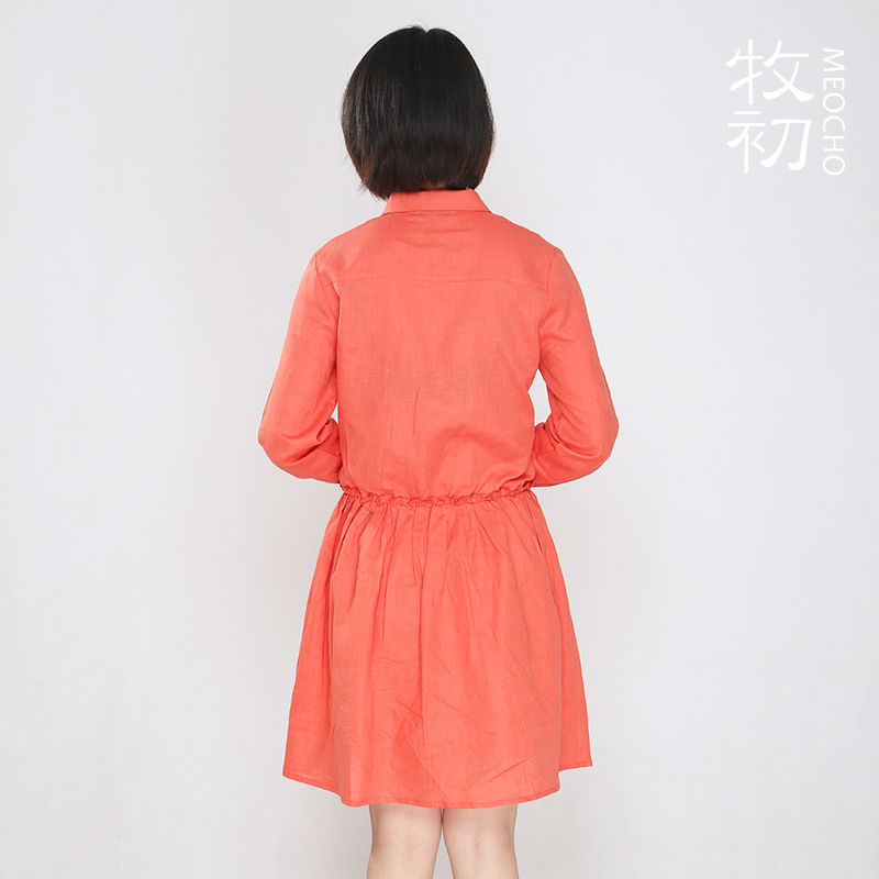 2015 Ladies Short Sleeve Orange Pleats Casual Linen Dress With Shirt Collar