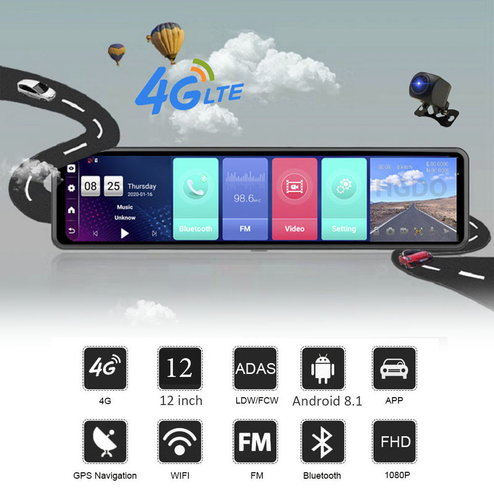WDR Rear View Dash Cam With Speedometer Android 8.1 2G RAM 32G ROM GPS Navigation