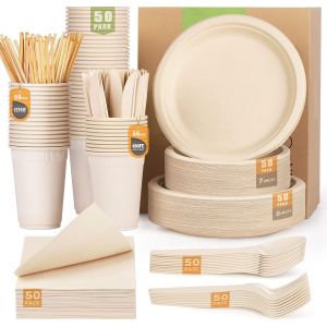 100% biodegradable Paper Tableware Sugarcane Bagasse Disposable Plates Sets