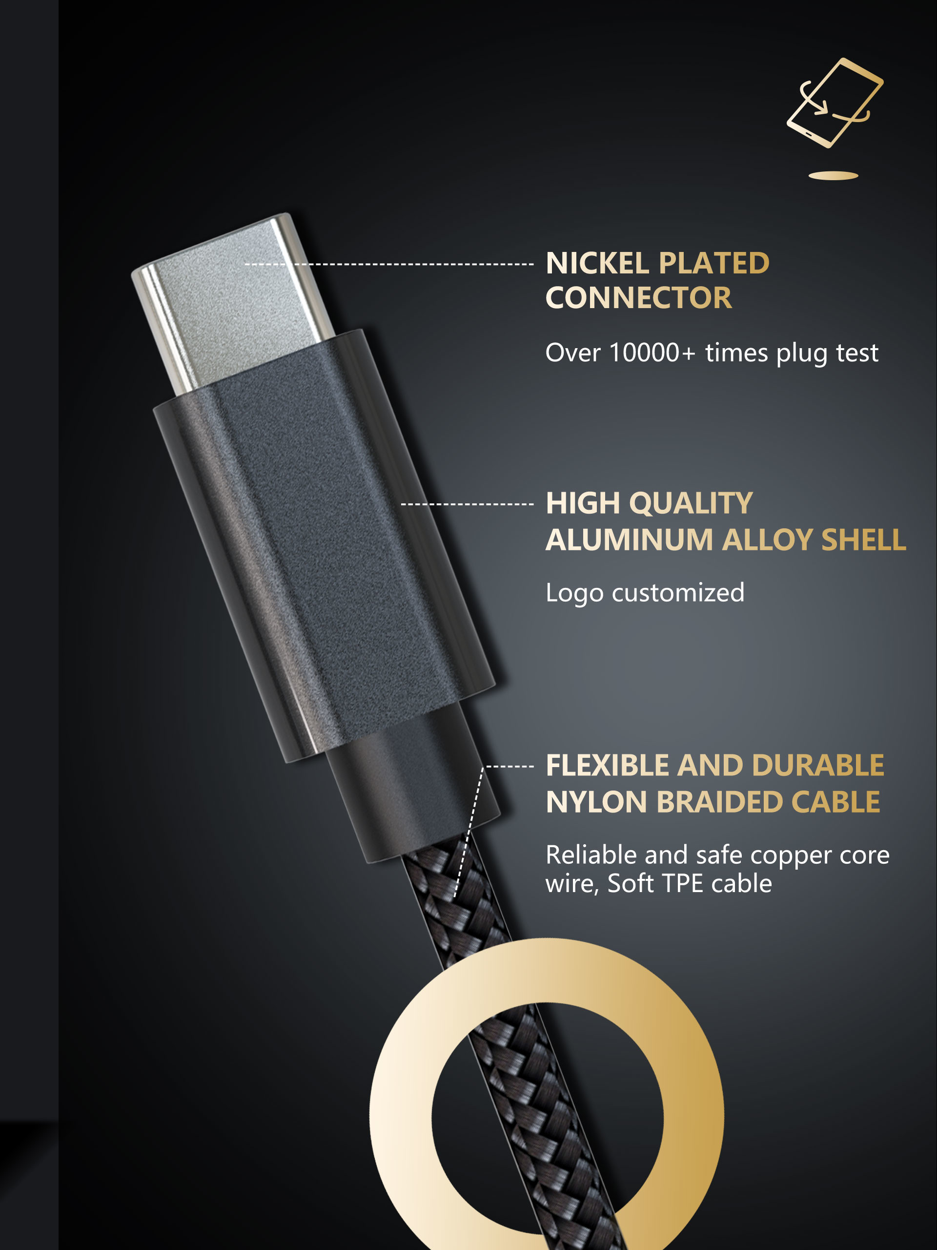 5G 3 Foot Usb Type C Cable 3a Fast Charging For Data Transmission