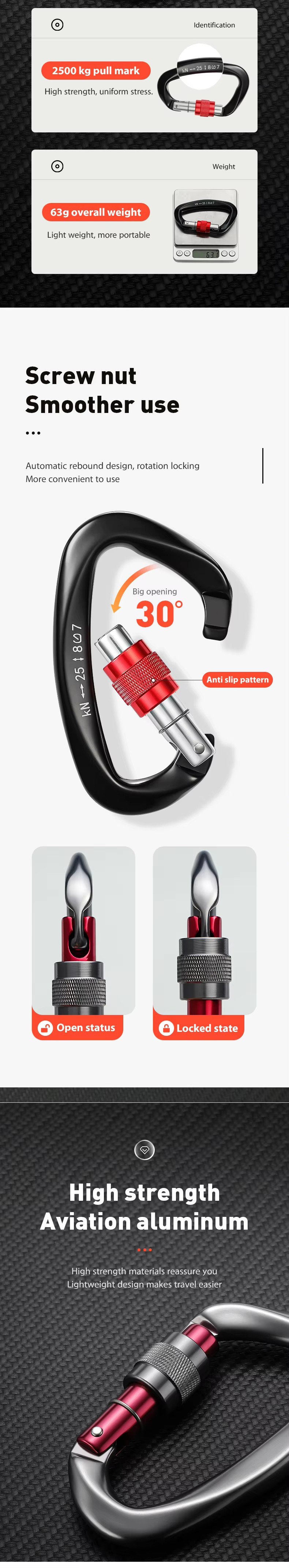 OEM Customized Aluminum Locking Carabiner Clips for Climbing and Hammock Safety Hook