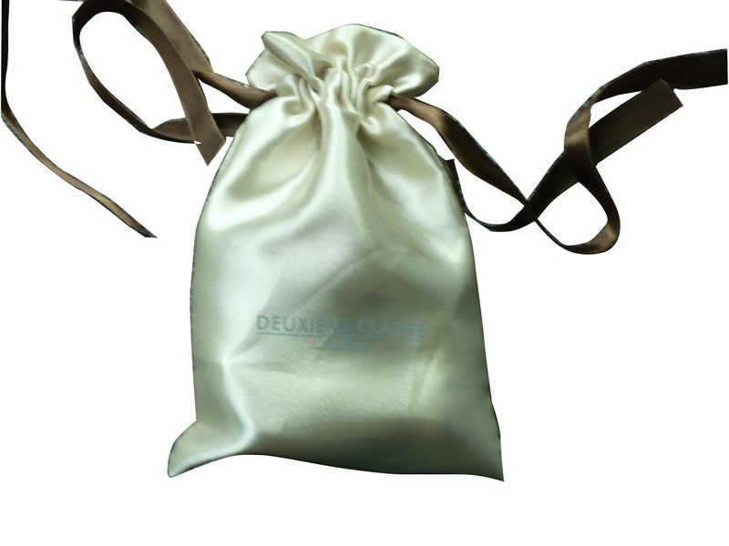 Deux Beige Shing Satin Ribbon Drawstrings Bag, Fabric Carrier Bags 2 Side Printing