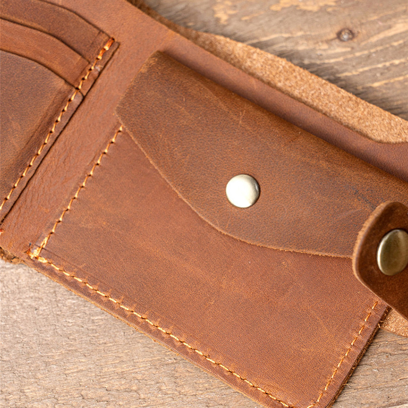Men's Bifold Slim Coin Purse Wallet in Vintage Genuine Leather Crazy Horse Leather