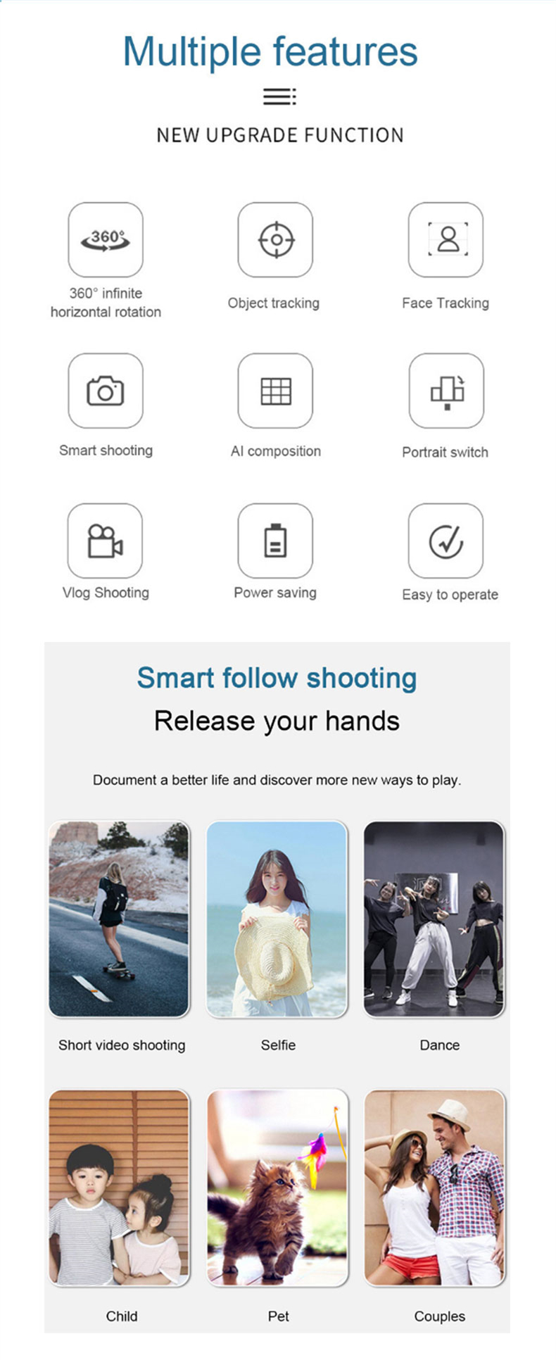 All in one 360 Degree Rotation Auto Face Object Tracking Selfie Stick smart Shooting Phone Holder