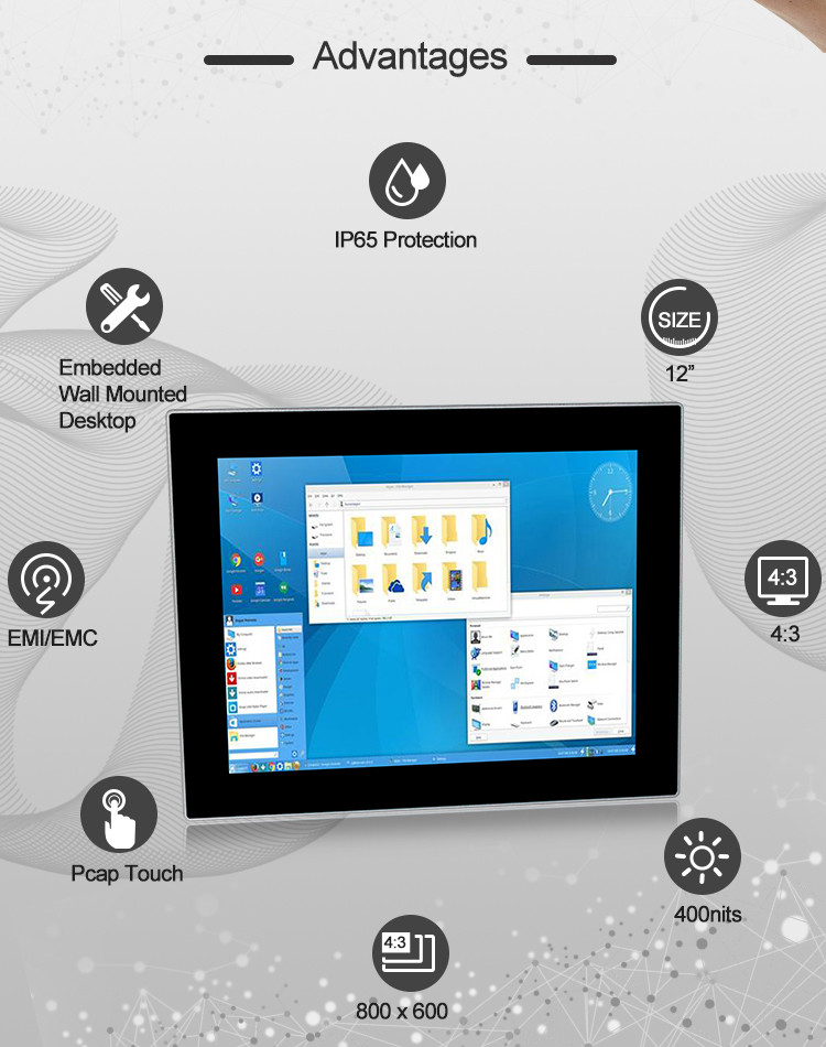 Flat 12" Led Industrial Touch Screen Display 10 Points Vesa Mounting