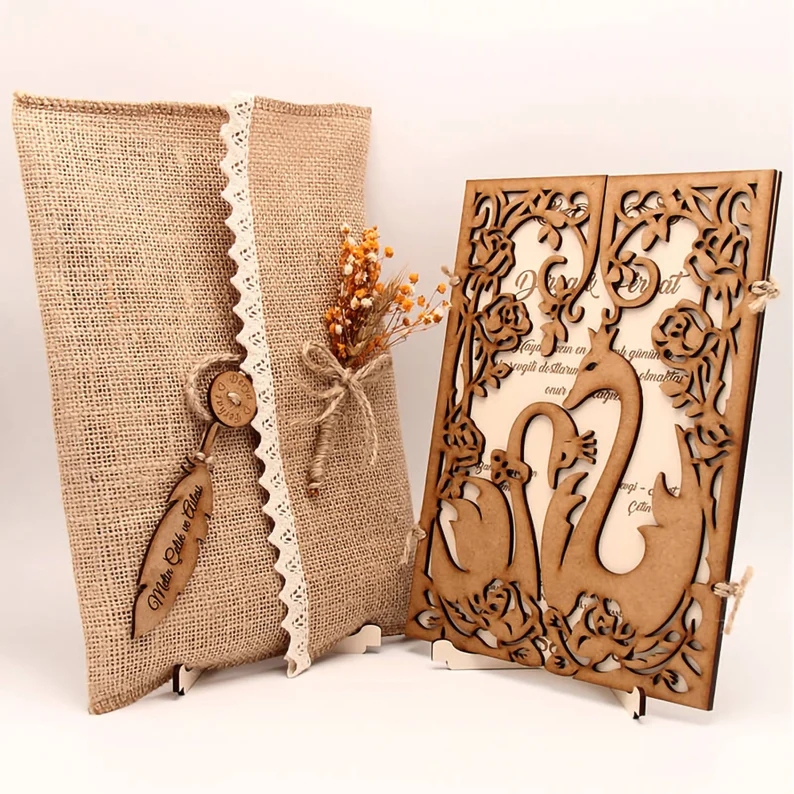 Rustic Wood Invitation with Guest Name Tag Rustic Wooden Laser Cut Invitation with Rustic Envelope