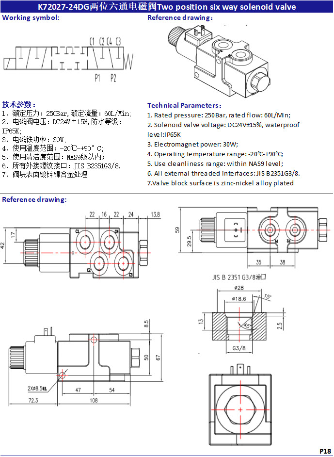 K72027-24DG 30W Electric Solenoid Hydraulic Valve 24v 250Bar Rated Pressure